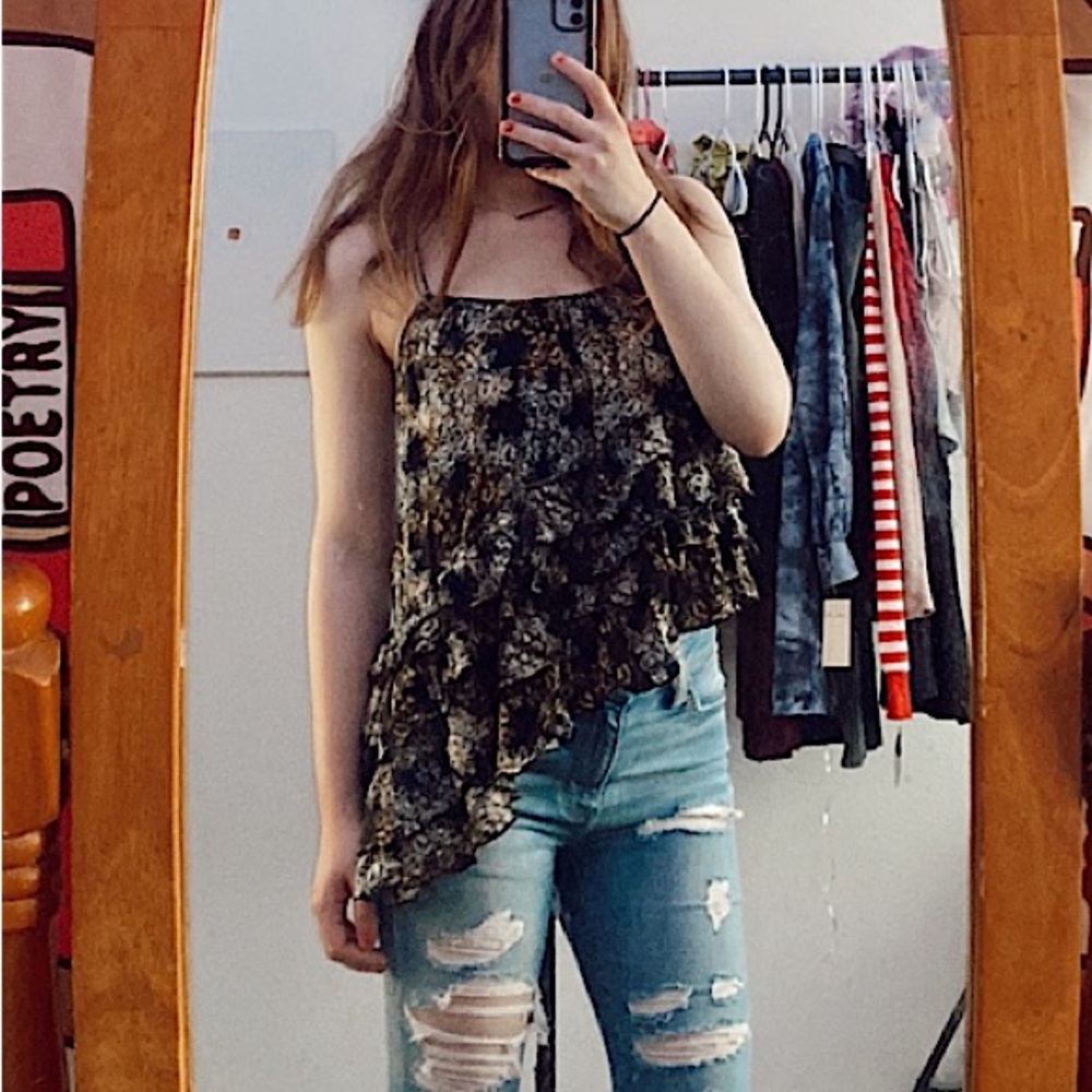Free People • Ruffled Asymmetrical Black, White, & Gold Tank Top